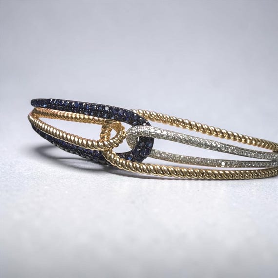 Authentic Effy 14K Two-Tone Gold Sapphire Diamond Love Knot Bangle Bracelet, Royale Bleu Collection