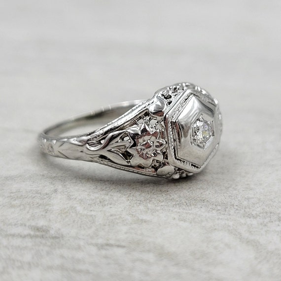Vintage Hexagon Diamond Engagement Ring 18k White… - image 3