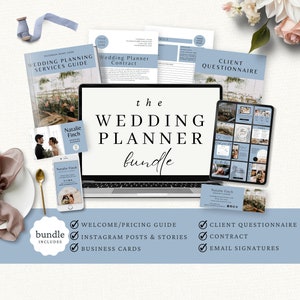 May include: A laptop computer screen displays the text "the WEDDING PLANNER bundle". The screen is surrounded by various wedding planning documents, including a client questionnaire, a wedding planner contract, a welcome/pricing guide, Instagram posts and stories, business cards, and email signatures. The documents are arranged on a light blue surface with a pink napkin and silverware.