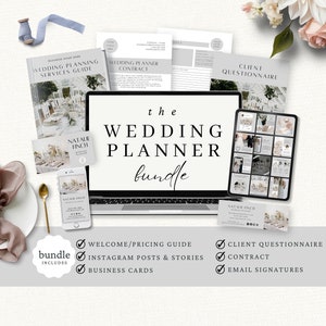 May include: A laptop computer screen displays the text "the WEDDING PLANNER bundle". The laptop is surrounded by various digital and printed materials, including a welcome/pricing guide, client questionnaire, contract, Instagram posts and stories, business cards, and email signatures.