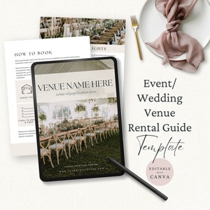 Guia de aluguel de local para eventos, modelo Canva, guia de boas-vindas para locais de casamento, livreto editável de preços de locais para festas, folheto de aluguel para impressão, folheto,