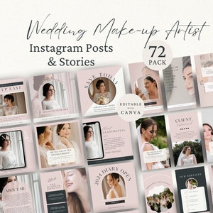 May include: A set of 72 Instagram post and story templates for wedding makeup artists. The templates are editable in Canva and feature a pink and black color scheme with images of brides and makeup artists. The text on the templates includes phrases like "Make Up Last", "Save Today", "Client Testimonial", "2024 Diary Open", and "Our Services".