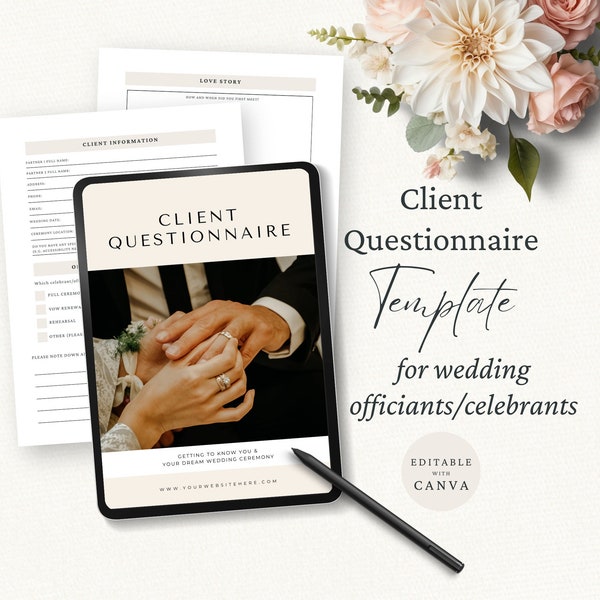 Questionnaire client célébrant de mariage, modèle canva modifiable, marketing des célébrants de mariage, histoire d'amour des jeunes mariés, intégration du client,