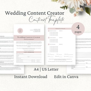Wedding Content Creator Contract, Content Creator Services Agreement, Editable Canva Template, Social Media Content Creator, CC1