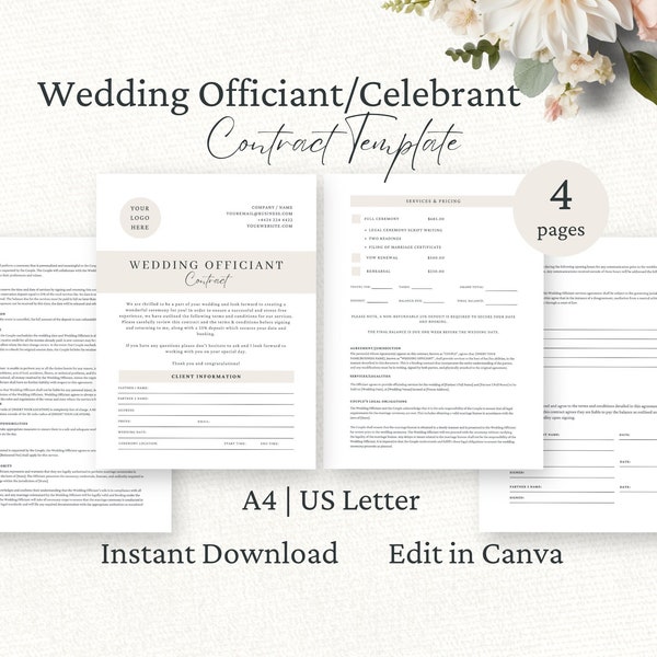 Wedding Officiant Contract, Editable Canva Template, Pricing Services Agreement, Wedding Celebrant Forms, Event Contract,