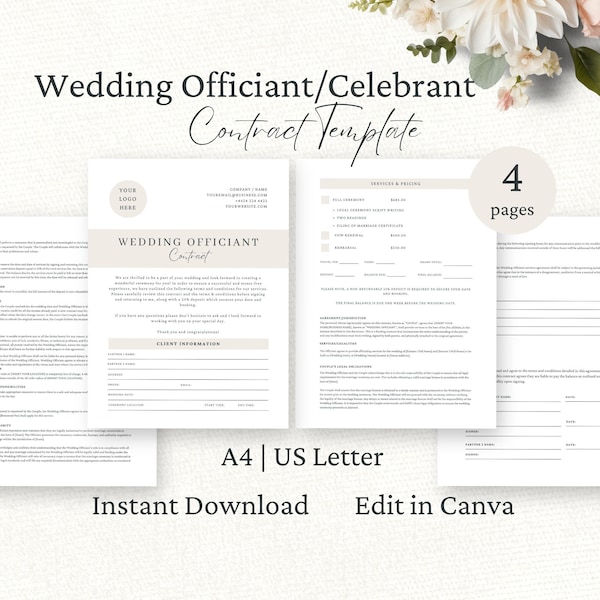 Wedding Officiant Contract, Editable Canva Template, Pricing Services Agreement, Wedding Celebrant Forms, Event Contract,