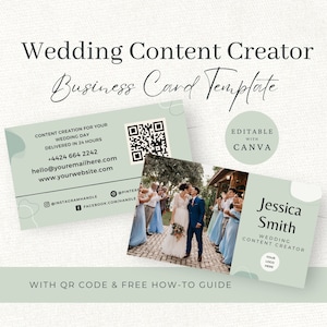 以下が含まれることがあります： QRコード付きの結婚式コンテンツクリエイター用ビジネスカードテンプレートを編集できます。カードには、結婚式の新郎新婦とゲストの写真が掲載されており、"Jessica Smith, Wedding Content Creator"というテキストが記載されています。