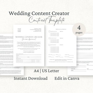 Wedding Content Creator Contract, Content Creator Services Agreement, Editable Canva Template, Social Media Content Creator, CC1
