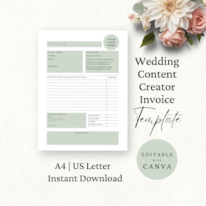 Può includere: Un modello di fattura stampabile per creatore di contenuti per matrimoni in bianco e nero con un accento di colore verde. Il modello è modificabile con Canva e include campi per il nome del cliente, il numero di fattura, il servizio fornito, l'importo, i dettagli di pagamento e le note. Il testo "Wedding Content Creator Invoice Template" è scritto in corsivo nella parte superiore destra del modello. Il testo "Modificabile con Canva" è scritto in un cerchio nella parte inferiore destra del modello. Il testo "A4 | US Letter Download immediato" è scritto nella parte inferiore centrale del modello.