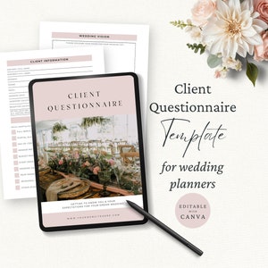 May include: A digital tablet displaying a wedding planner client questionnaire template. The template is pink and white with a floral design and the text "Client Questionnaire Template for wedding planners. Editable with Canva." The tablet is on a white surface with a pencil and flowers.