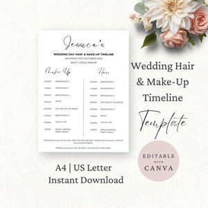 Wedding Hair & Make-up Timeline Template, Bridal Party Hair Itinerary, Editable Canva Template, Wedding Glam Schedule, Wedding Day Agenda,