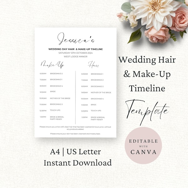 Wedding Hair & Make-up Timeline Template, Bridal Party Hair Itinerary, Editable Canva Template, Wedding Glam Schedule, Wedding Day Agenda,