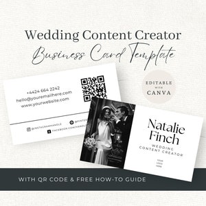 Tarjetas de visita para creadores de contenido de bodas, plantilla Canva editable, tarjeta de visita con código QR, marketing de planificación de bodas, descarga instantánea, CC1