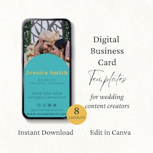 Tarjeta de presentación digital para creador de contenido de bodas, plantilla Canva editable, marketing de bodas, tarjeta de presentación de bricolaje con logotipo y foto, CC1