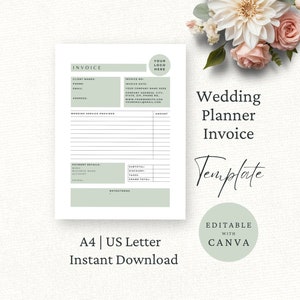 May include: A printable wedding planner invoice template in a minimalist style with a green and white color scheme. The template is editable with Canva and includes sections for client details, wedding services provided, payment details, and notes.