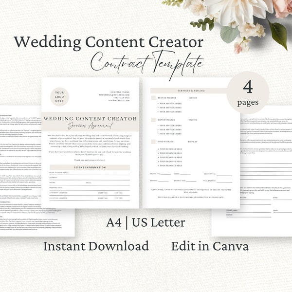 Wedding Content Creator Contract, Content Creator Services Agreement, Editable Canva Template, Social Media Content Creator, CC1