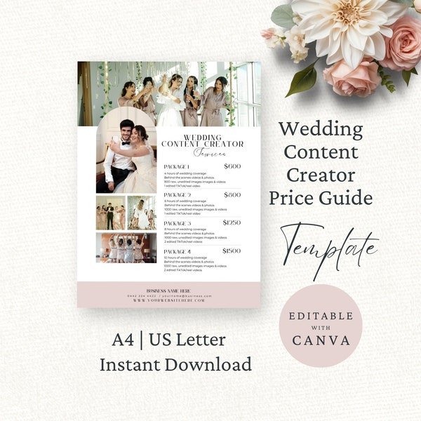 Wedding Content Creator Price List, Editable Canva Template, Services & Pricing Sheet,   Wedding Professional Marketing,