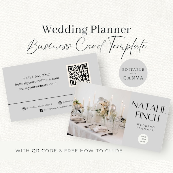 Wedding Planner Business Cards, Editable Canva Template, QR Code Business Card, Wedding Planning Marketing, Instant Download, Grey, WP1