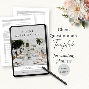 May include: A digital tablet displaying a wedding planner client questionnaire template. The template is titled "Client Questionnaire" and includes a section for "Wedding Vision" and "Client Information". The tablet is on a white surface with a black pencil next to it.