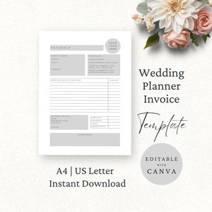 May include: A printable wedding planner invoice template in a gray and white color scheme. The template is editable with Canva and includes sections for client information, wedding services provided, payment details, and notes/terms.