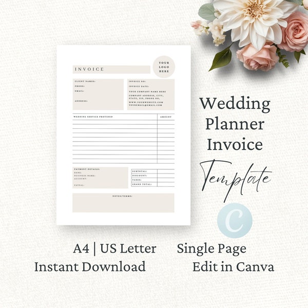 Wedding Planner Invoice Canva Template, Event Planner Order Form, Editable Invoice, Wedding Coordinator Receipt Form, Neutral