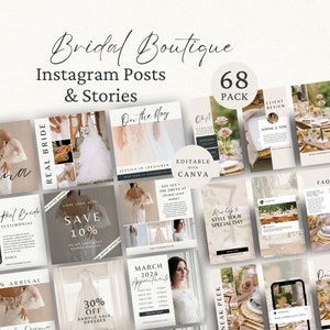 May include: A collection of Instagram posts and stories templates for a bridal boutique. The templates feature images of wedding dresses, styled tablescapes, and text overlays with phrases like "Real Bride" and "Save 10%."