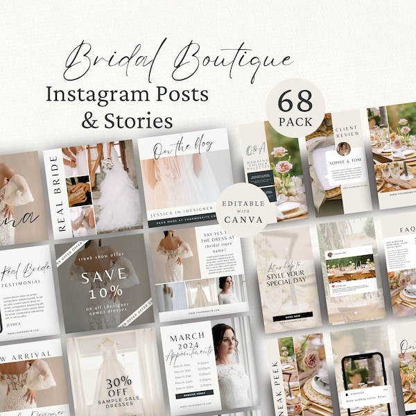 Brautboutique Instagram Posts & Stories, Hochzeitskleid Shop Social Media, bearbeitbare Canva Vorlage, Hochzeit Business Marketing,