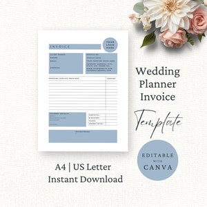 May include: A blue and white wedding planner invoice template with the text "Wedding Planner Invoice Template" and "Editable with Canva".