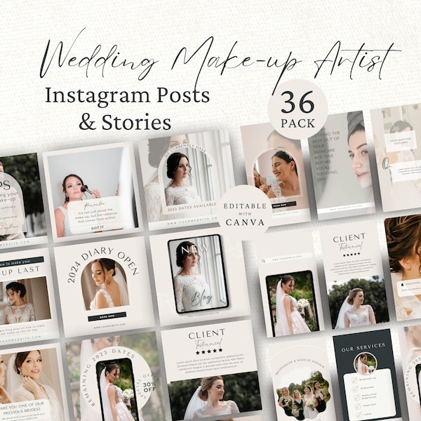 Wedding Makeup Artist Instagram Posts, Bridal MUA Social Media, Beauty Instagram Stories, Editable Canva Template, Wedding Marketing