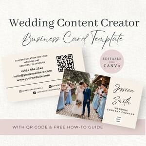 Puede incluir: Plantilla de tarjeta de presentación para un creador de contenido de bodas. El diseño presenta un fondo beige claro con el texto "Wedding Content Creator Business Card Template". Incluye una foto de boda y el texto "Editable with Canva".