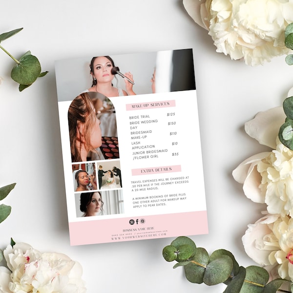 Bridal Makeup Pricing Guide Template, Wedding Party MUA Price List, Editable Canva Template, Glam Price Sheet, Beauty Services Flyer