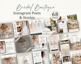 Publicaciones e historias de Instagram de boutique nupcial, redes sociales de tiendas de vestidos de novia, plantilla de Canva editable, marketing de negocios de bodas,