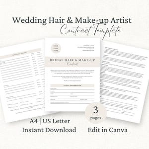 Op de afbeelding: Een drie-pagina contracttemplate voor bruidskappers en visagisten in zwart en beige. Het document bevat secties voor klantinformatie, diensten, prijzen en voorwaarden. Tekst: Wedding Hair & Make-up Artist Contract Template.
