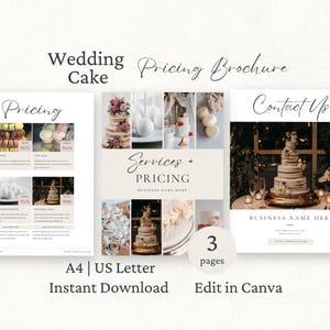 May include: A three-page wedding cake pricing brochure template featuring photography of tiered cakes, cupcakes, and macarons. The layout includes sections titled Wedding Cake Pricing, Services + Pricing, and Contact Us, with placeholders for business details.