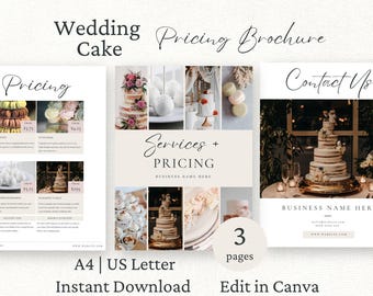 Modello Canva per la guida ai prezzi delle torte nuziali, listino prezzi per pasticcerie specializzate in matrimoni, foglio prezzi per dessert, brochure di marketing per attività di pasticceria, modificabile.