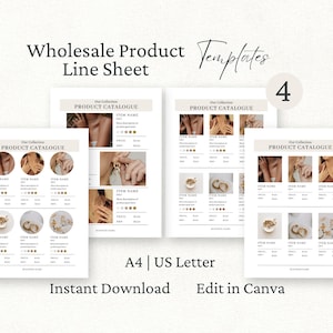 May include: A set of four wholesale product line sheet templates in A4 and US Letter sizes, designed for editing in Canva. The layouts feature headers reading Wholesale Product Line Sheet, Our Collection, and Product Catalogue, with placeholders for jewellery images, item names, SKUs, descriptions, prices, and RRPs.
