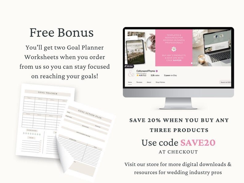 The image is an advertisement for a goal planning service, offering two goal planner worksheets and a free bonus. The goal planners are displayed on a computer monitor, and the text encourages customers to use code to save 20% on any three products. The image also mentions that the store offers digital downloads and resources for wedding industry pros.
