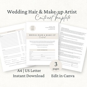 Wedding Makeup Artist Contract Template, Bridal Hair Services Agreement, Editable Canva Template, MUA Contract, Bride Hair & Makeup Forms,