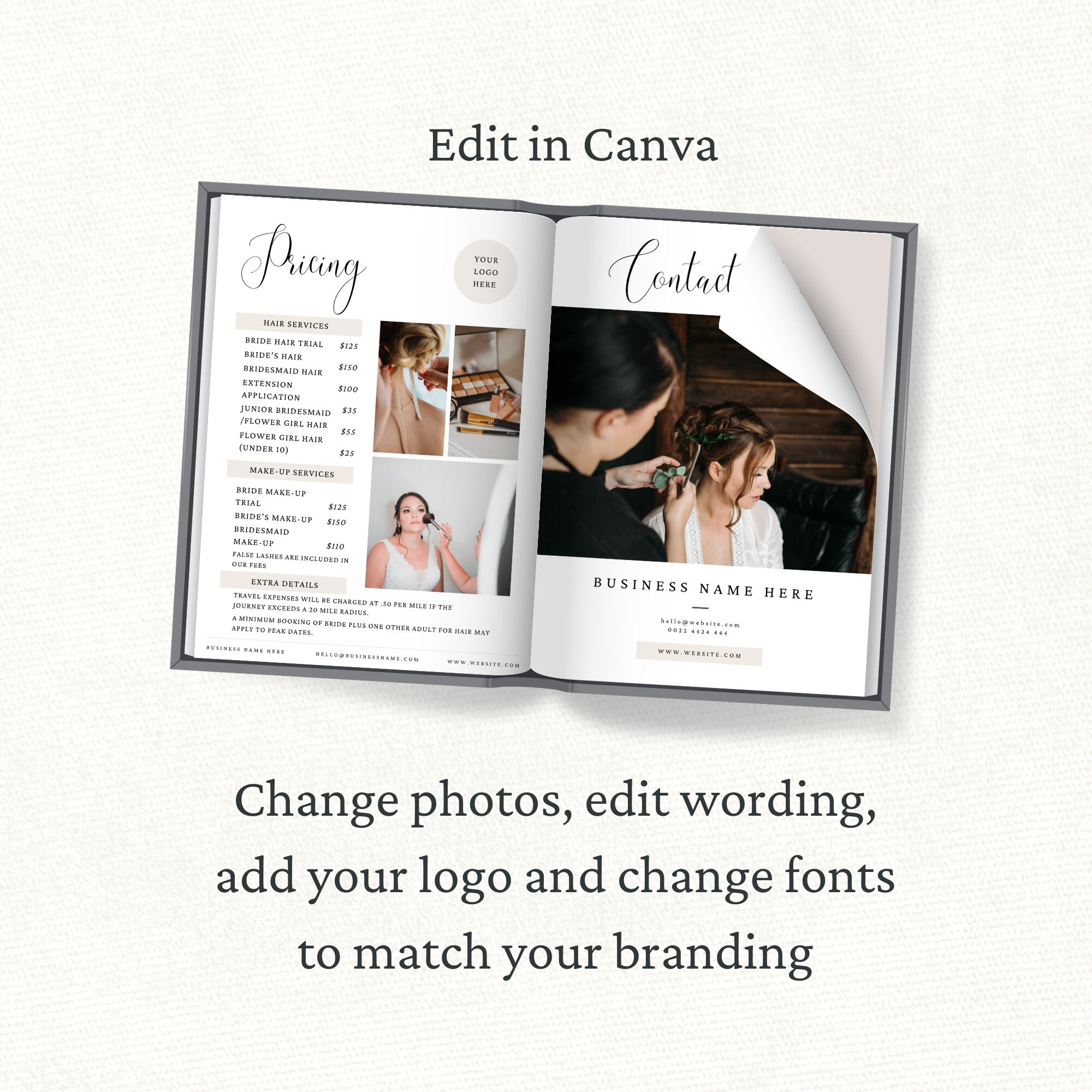 Wedding Hair Stylist Pricing Guide, Canva Template, Bridal Hair Price