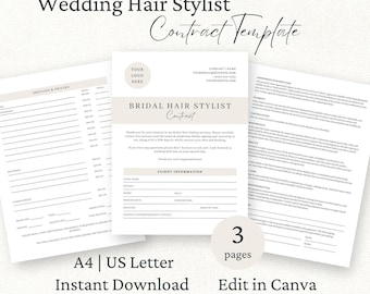 Plantilla de contrato de peinado para bodas, Acuerdo de servicios de peinado para novias, Plantilla editable de Canva, Formularios para estilistas independientes, Términos y condiciones de peinado para novias,