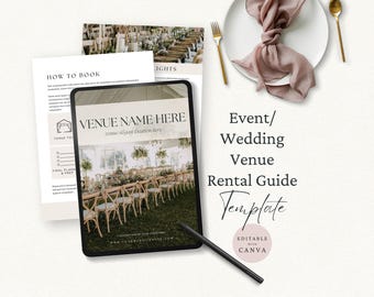 May include: A digital tablet displaying an event and wedding venue rental guide template, accompanied by printed document pages, a white plate with a dusty rose napkin, gold cutlery, and a black stylus pen on a neutral background.