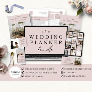 May include: A wedding planner bundle featuring a laptop displaying the text 'the WEDDING PLANNER bundle', a tablet, a smartphone, printed documents, business cards, and a plate with a mauve napkin. The text lists included items like a welcome guide, contract, and social media posts.