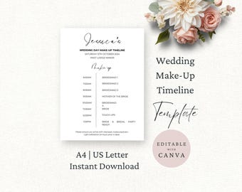 Hochzeits-Make-up-Timeline-Vorlage, Brautparty-Make-Up-Reiseplan, bearbeitbare Canva-Vorlage, Hochzeits-Glam-Zeitplan, Hochzeitstag-Agenda,