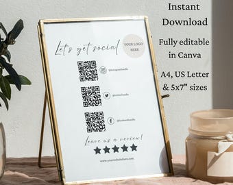 Social Media Sign QR Code Template, Connect with Us, Small Business Review Sign, Canva Template, Editable Sign, Printable, Instant Download,