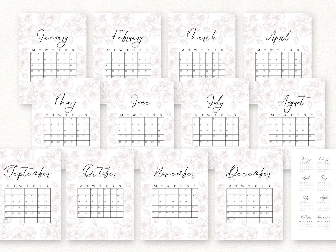 2024 Floral Calendar Printable, 2024 Monthly Calendar Feminine, Wall