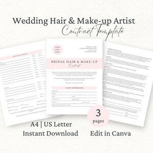 Contrato de maquillaje y peinado de novia, contrato MUA de boda, plantilla de Canva de contrato editable, exención de cliente, acuerdo de servicio de términos de reserva,