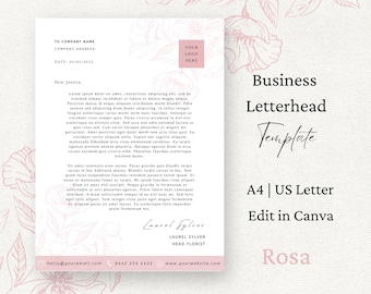 Business Letterhead Canva Template for Florists, Custom Company Letter Head, Instant Digital Download, Corporate Branding Design, Rosa,
