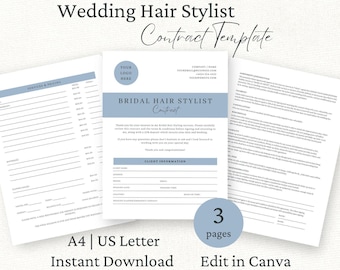 Contrato de servicios de peluquería para bodas, Acuerdo de servicios de peluquería nupcial, Plantilla editable de Canva, Formularios de peluquería freelance, Términos y condiciones de peluquería para novias,