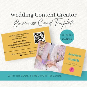 May include: A yellow business card template for a wedding content creator featuring a QR code, contact details, social media icons, and a photo of a couple. The card includes the text Jessica Smith, Wedding Content Creator, and Editable with Canva.