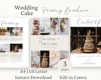 Pode incluir: Um folheto de preços de bolos de casamento de três páginas com fotos de bolos, cupcakes e macarons. O folheto inclui informações de preços para diferentes tamanhos de bolos, sabores e designs. O folheto também inclui informações de contato para a empresa.
